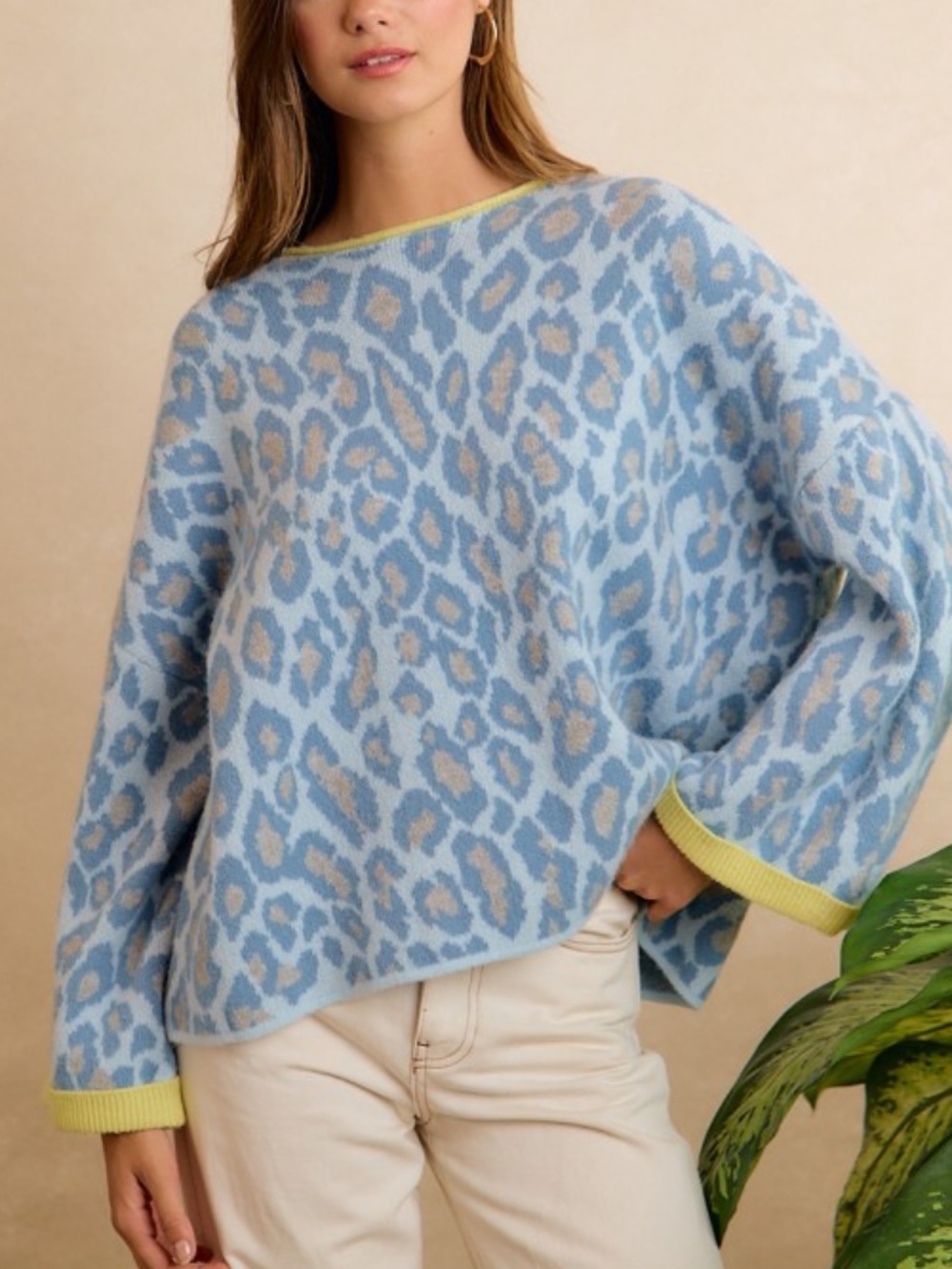 BiBi Soft Leopard Blue Gray & Yellow Sweater S-XL